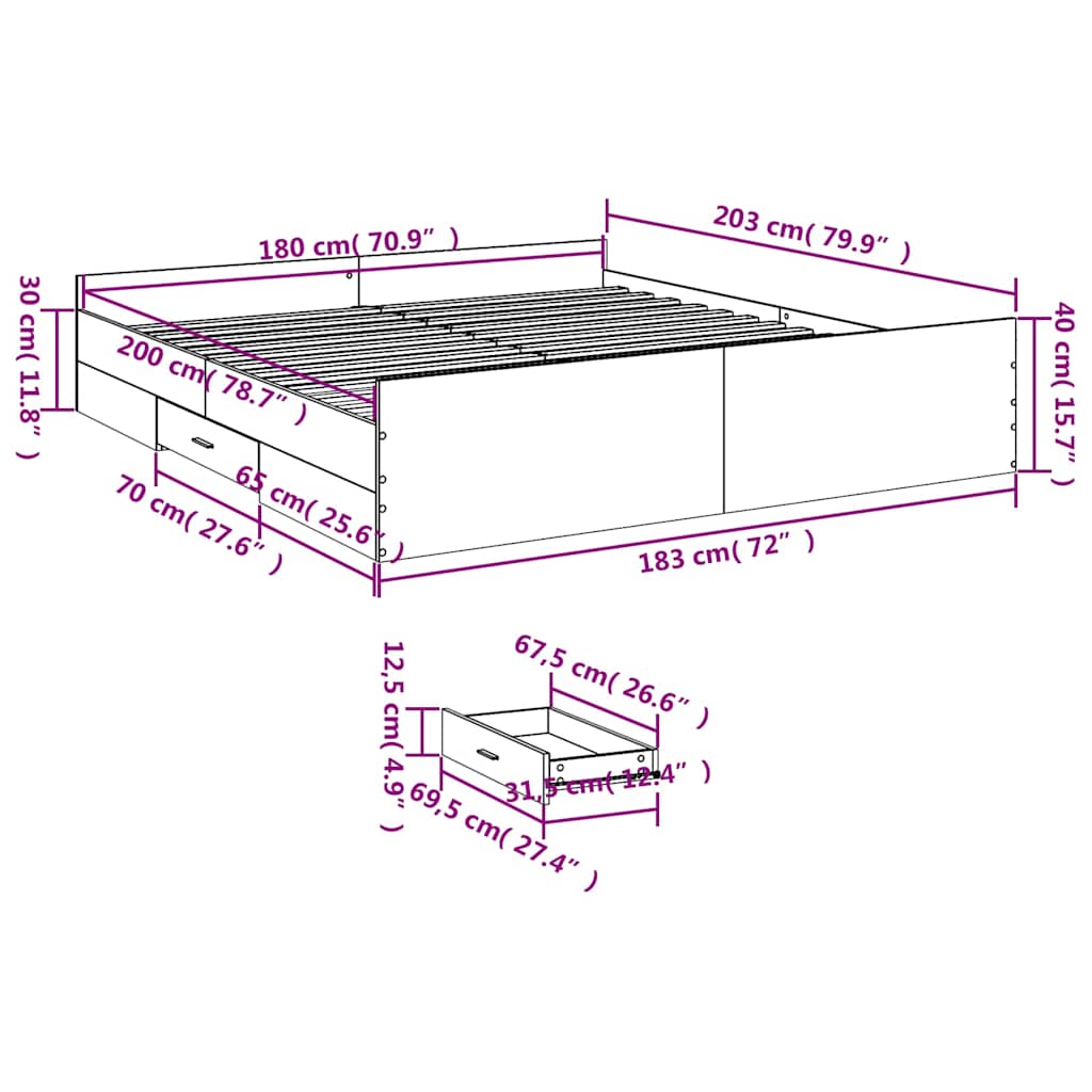 vidaXL Bed Frame with Drawers without Mattress Grey Sonoma 180x200 cm