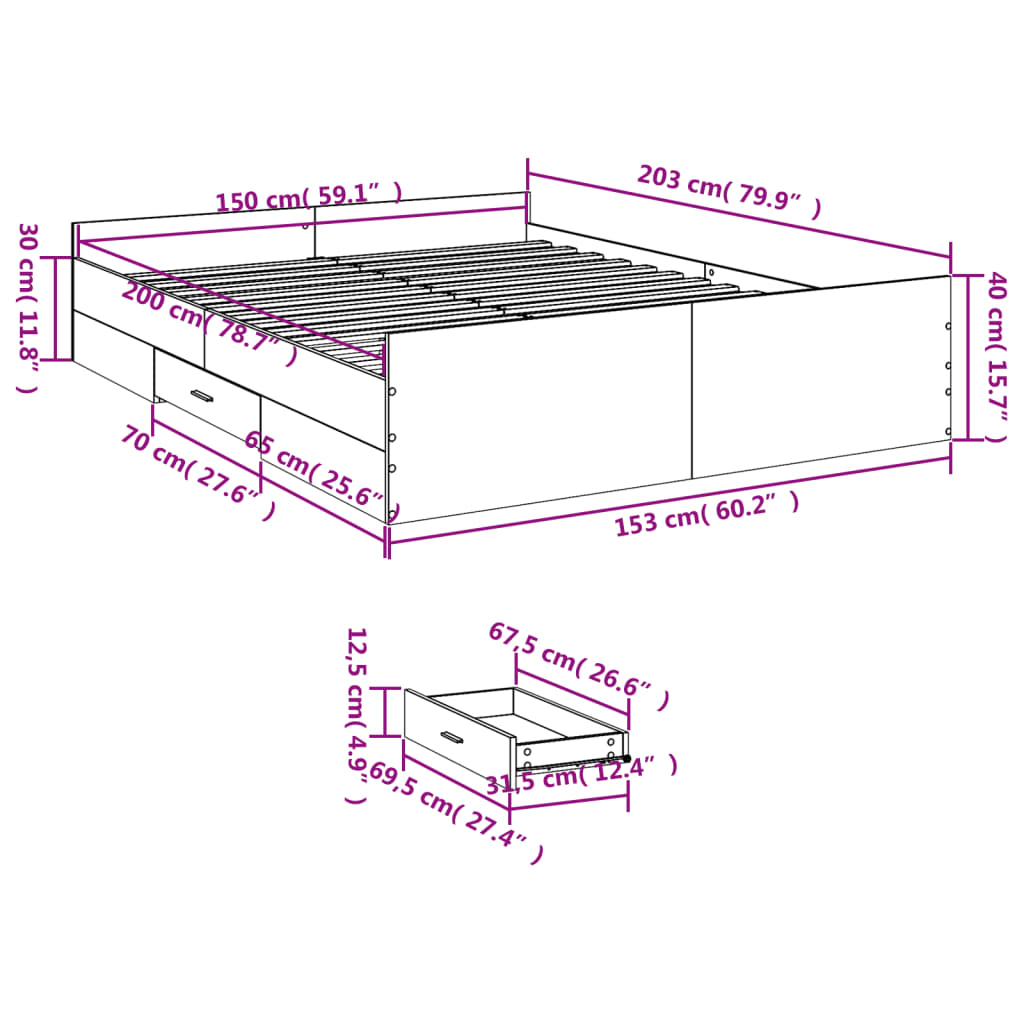 vidaXL Bed Frame with Drawers without Mattress Grey Sonoma 150x200 cm King Size