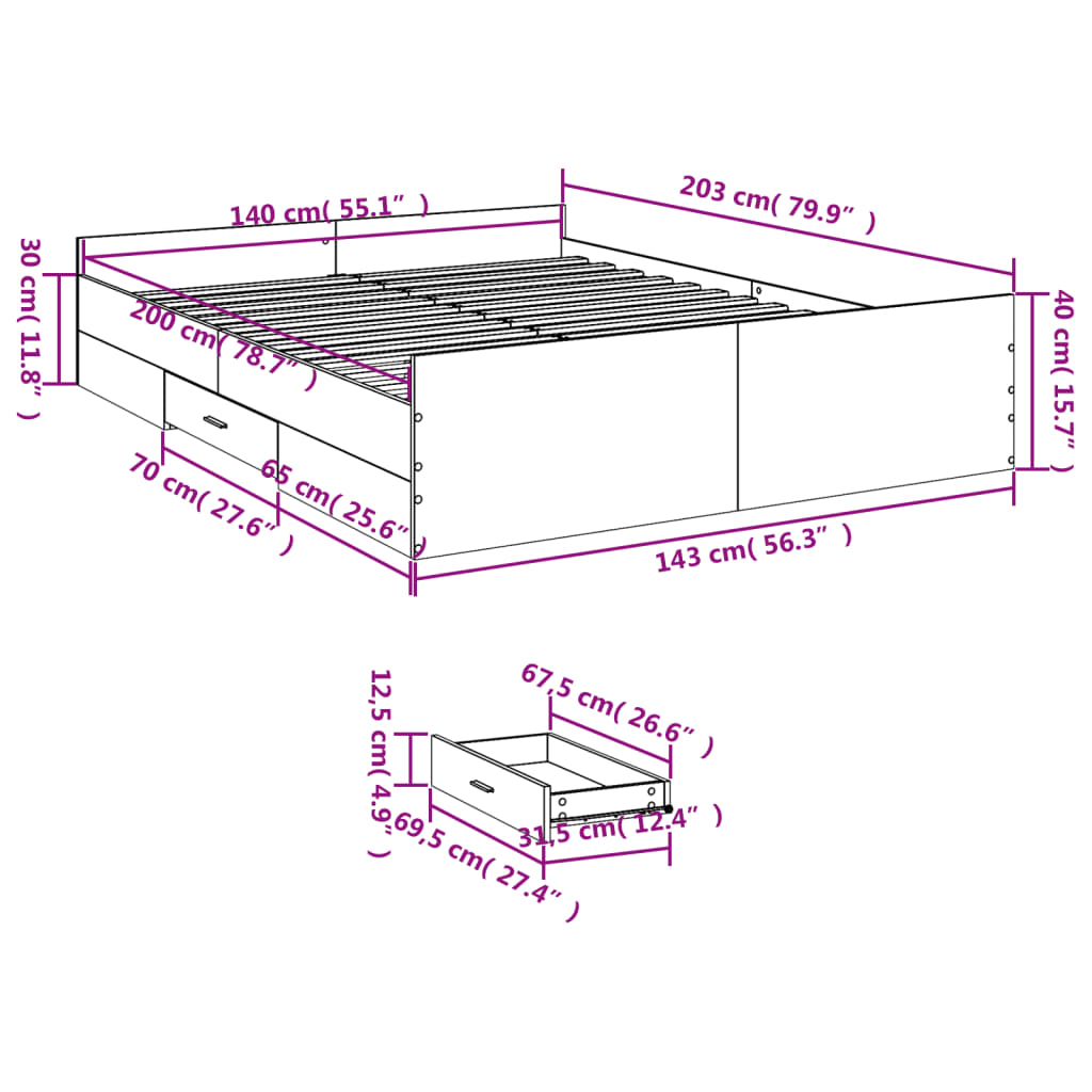 vidaXL Bed Frame with Drawers without Mattress Grey Sonoma 140x200 cm