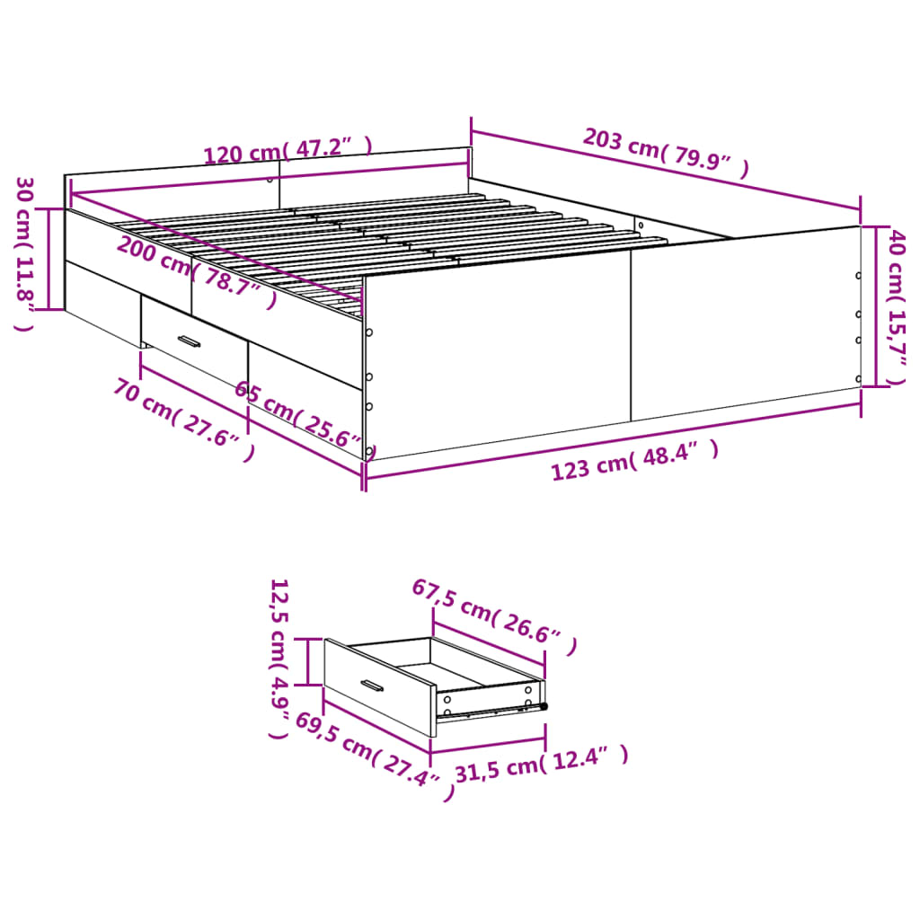 vidaXL Bed Frame with Drawers without Mattress White 120x200 cm