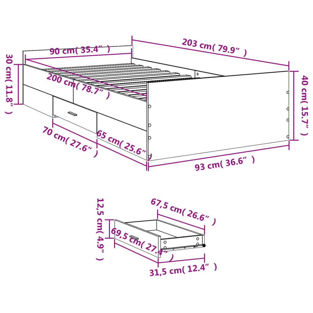 vidaXL Bed Frame with Drawers without Mattress Sonoma Oak 90x200 cm