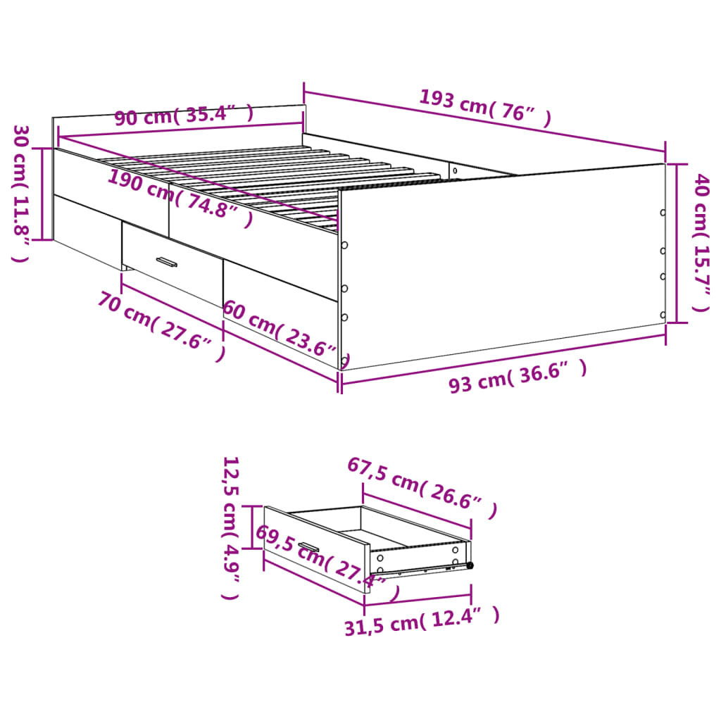 vidaXL Bed Frame with Drawers without Mattress White 90x190 cm Single