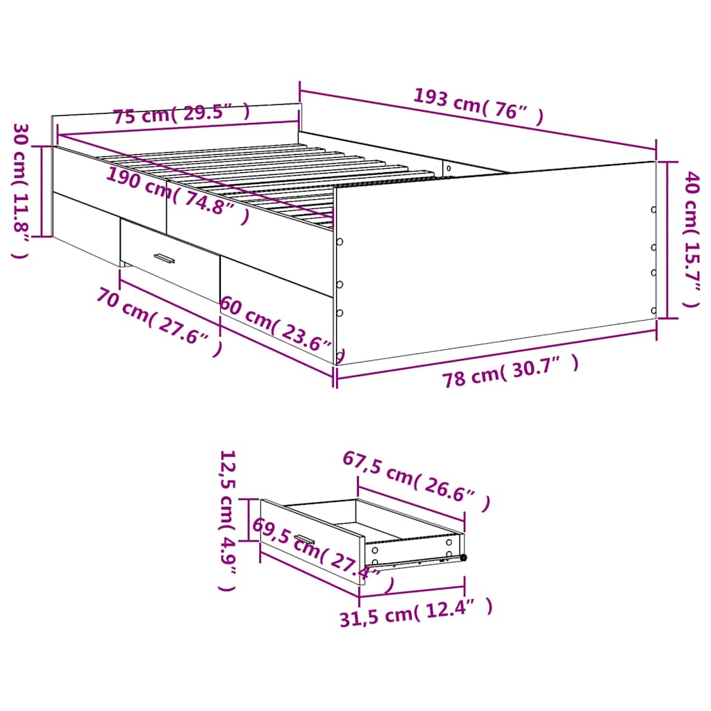 vidaXL Bed Frame with Drawers without Mattress Black 75x190 cm
