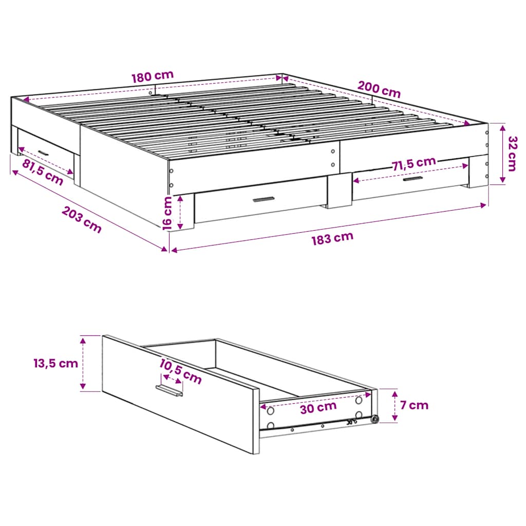 vidaXL Bed Frame with Drawers without Mattress Smoked Oak 180x200 cm
