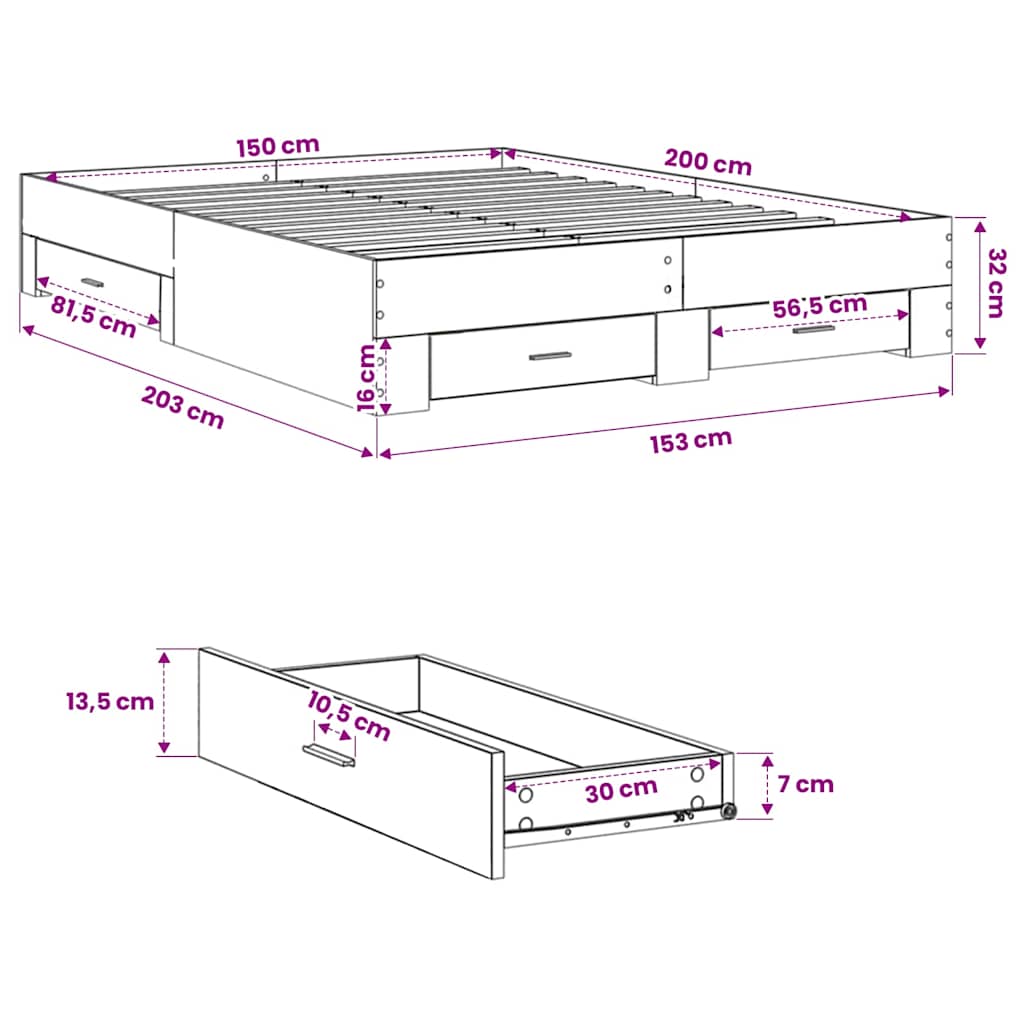 vidaXL Bed Frame with Drawers without Mattress Grey Sonoma 150x200 cm