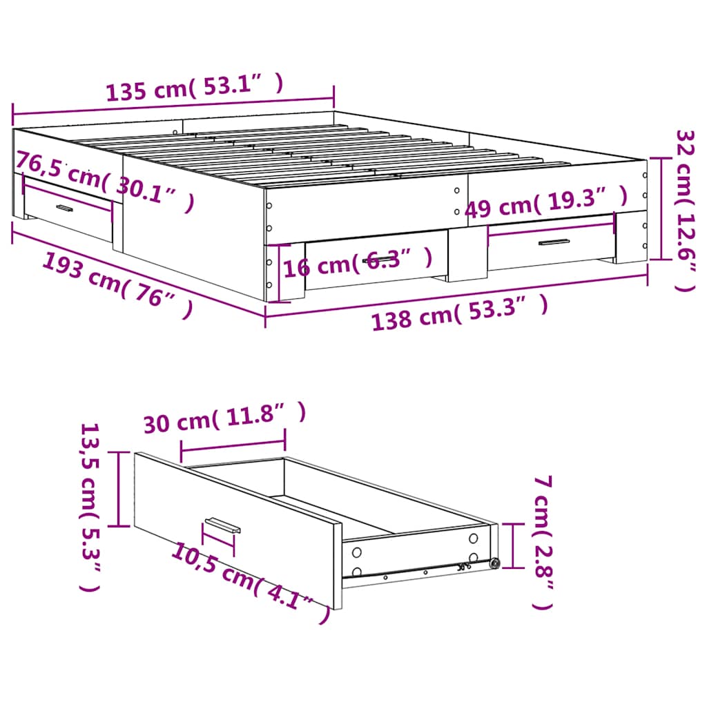 vidaXL Bed Frame with Drawers without Mattress White 135x190 cm
