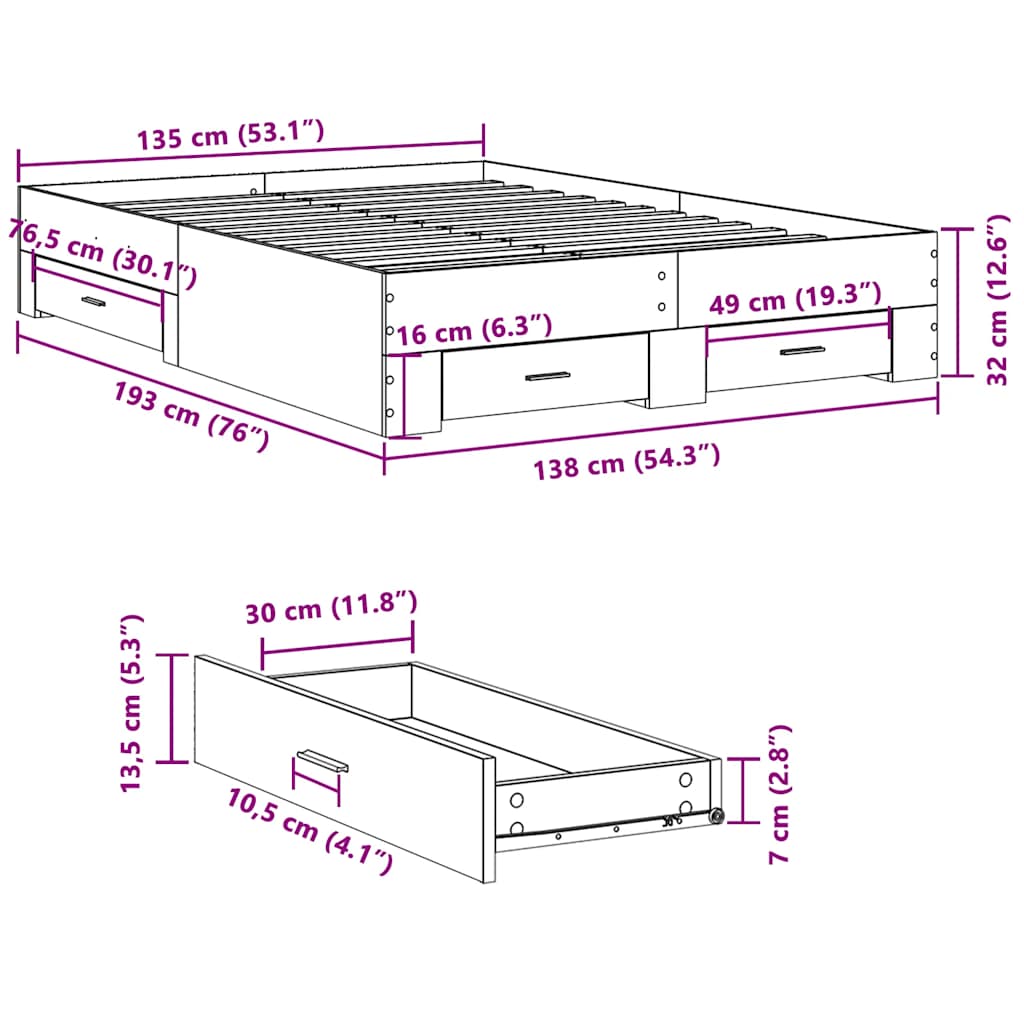 vidaXL Bed Frame with Drawers without Mattress Concrete Grey 135x190 cm