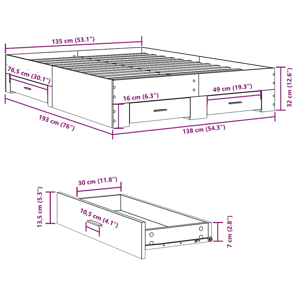 vidaXL Bed Frame with Drawers without Mattress Grey Sonoma 135x190 cm