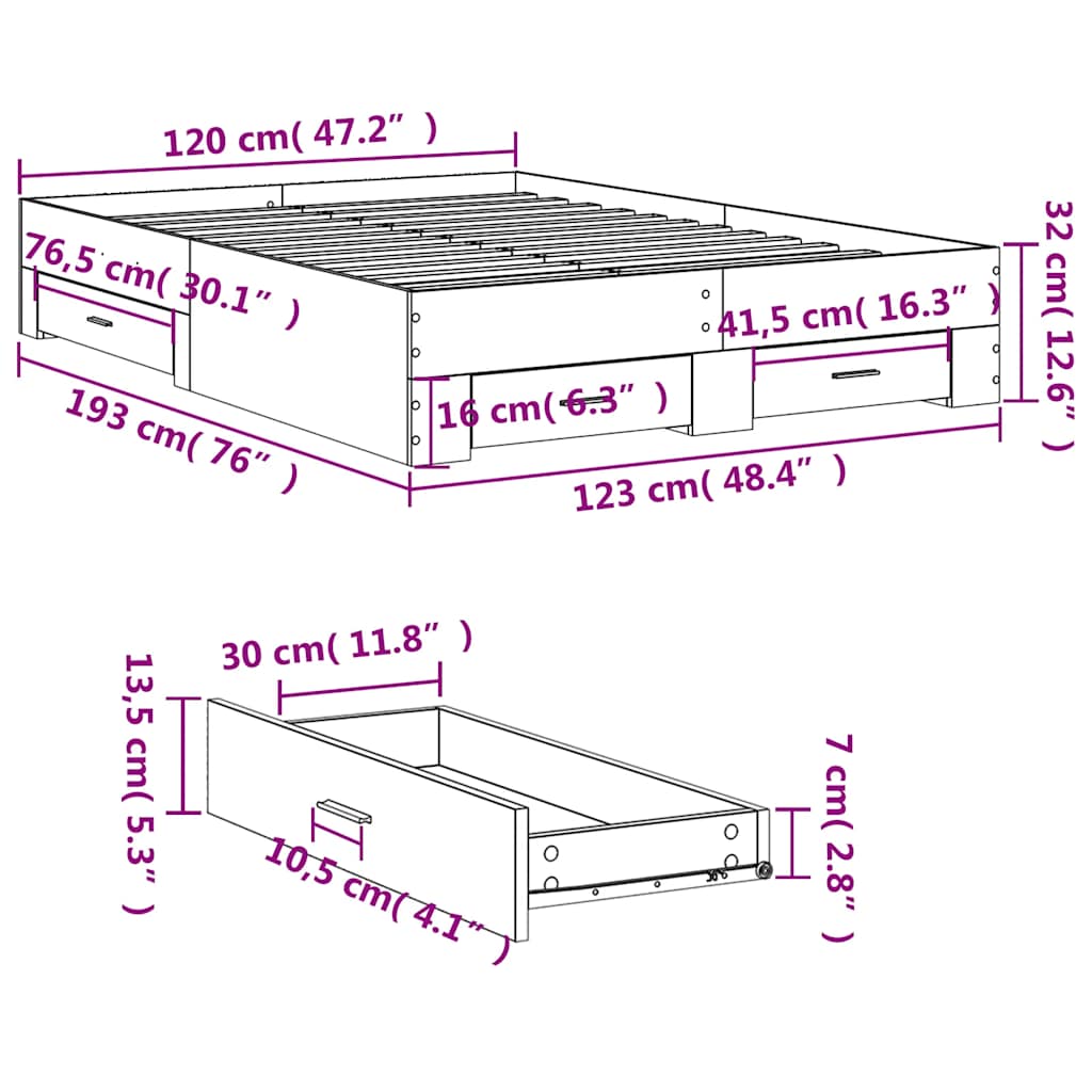 vidaXL Bed Frame with Drawers without Mattress White 120x190 cm