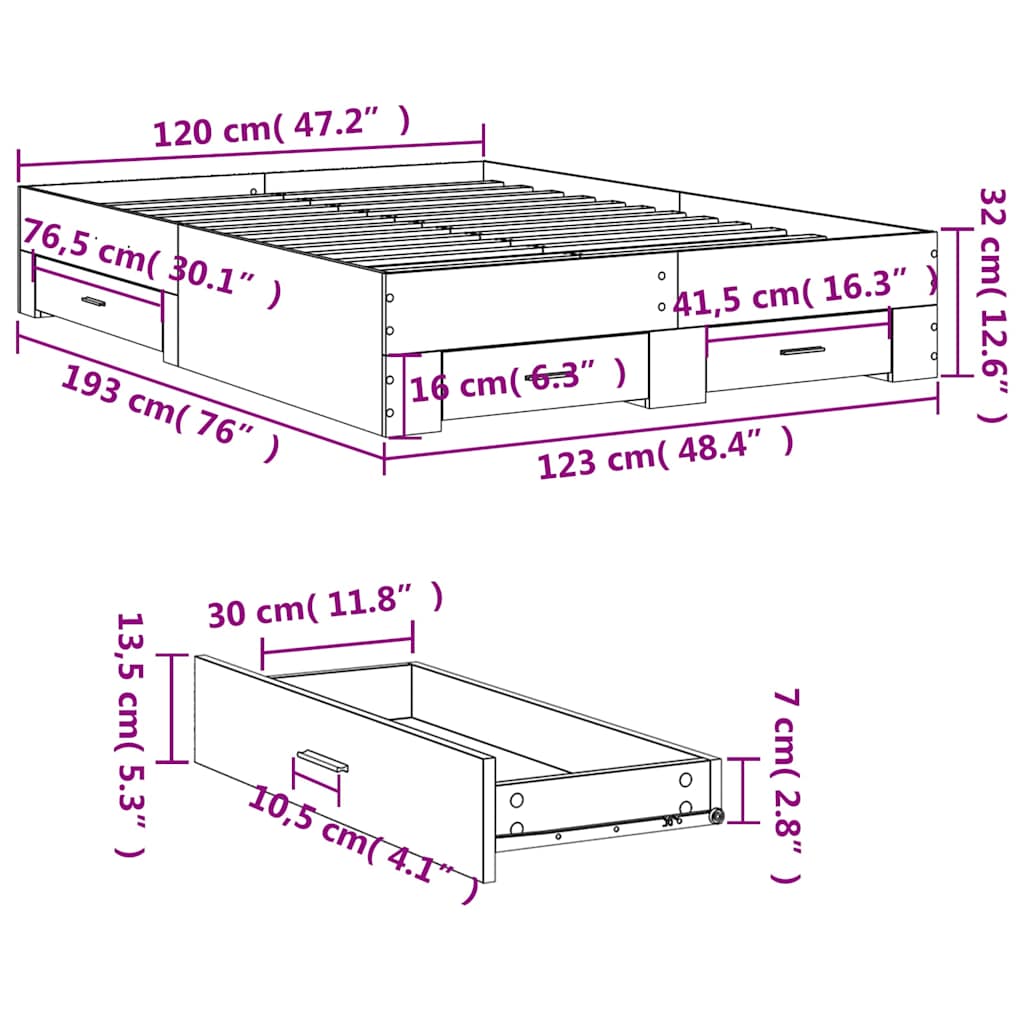 vidaXL Bed Frame with Drawers without Mattress Grey Sonoma 120x190 cm