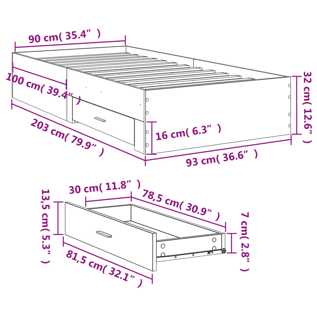 vidaXL Bed Frame | Concrete Grey | Engineered Wood | 90 x 200 cm | Bed Frame