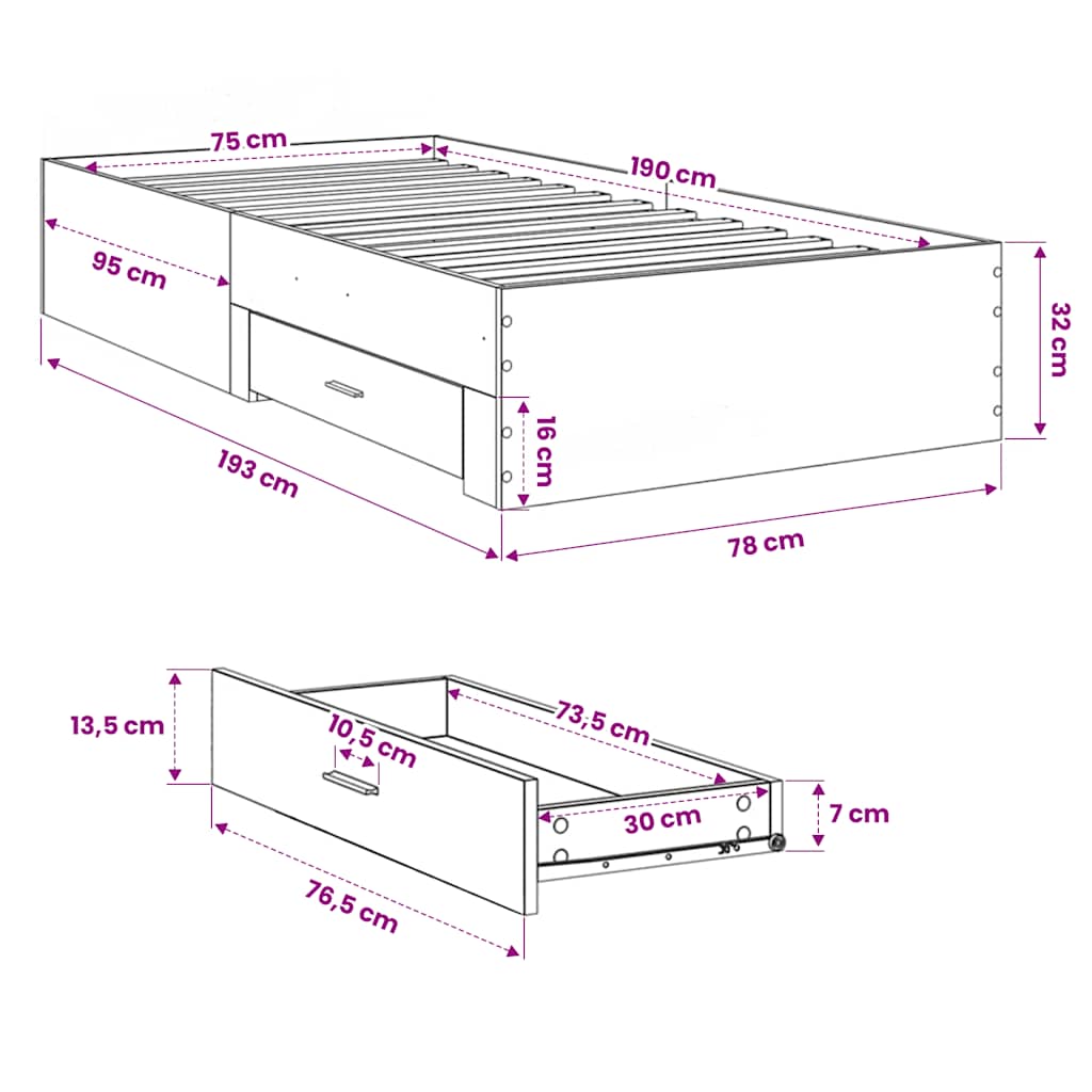 vidaXL Bed Frame with Drawers without Mattress Brown Oak 75x190 cm