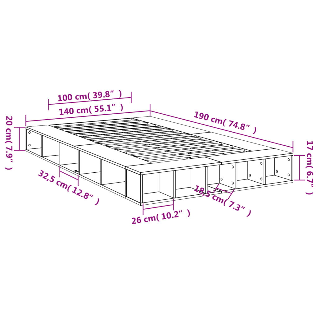 vidaXL Bed Frame without Mattress Grey Sonoma 140x190 cm