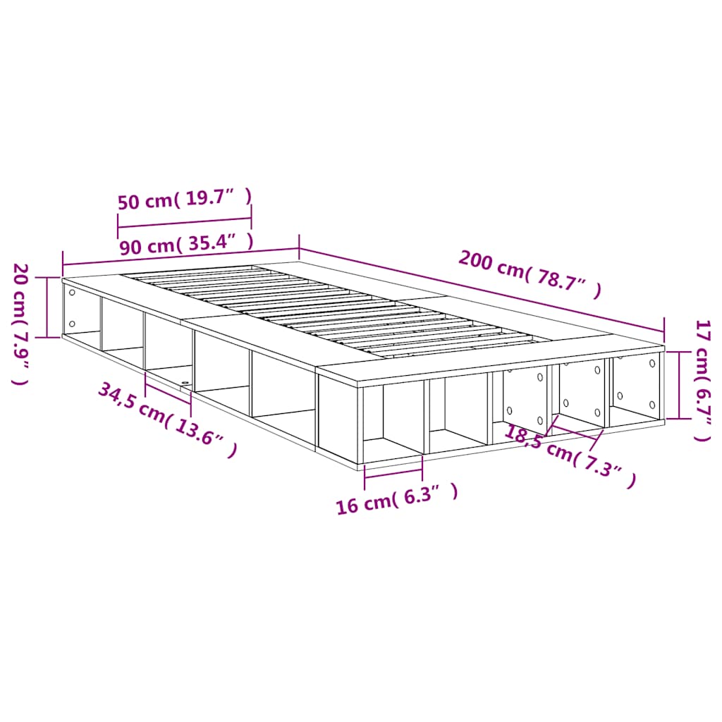 vidaXL Bed Frame without Mattress Grey Sonoma 90x200 cm