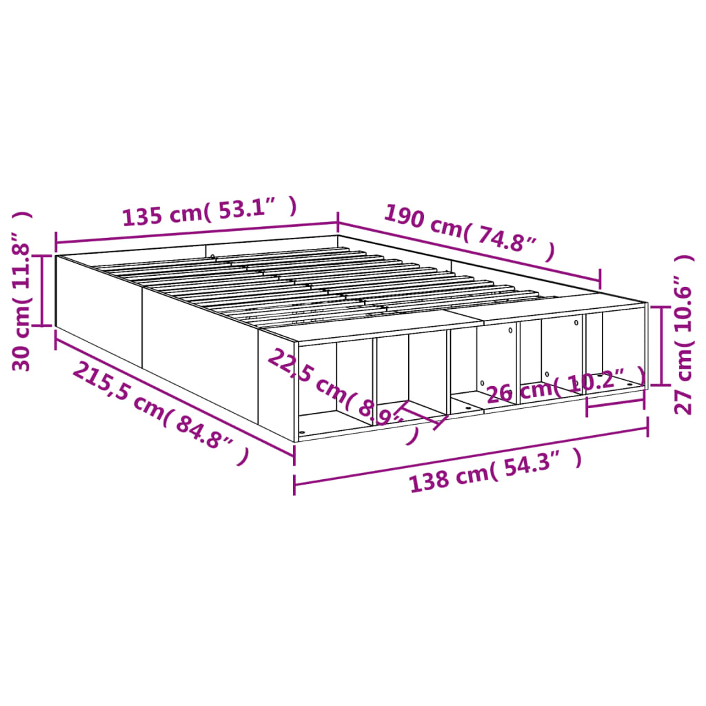 vidaXL Bed Frame without Mattress Grey Sonoma 135x190 cm