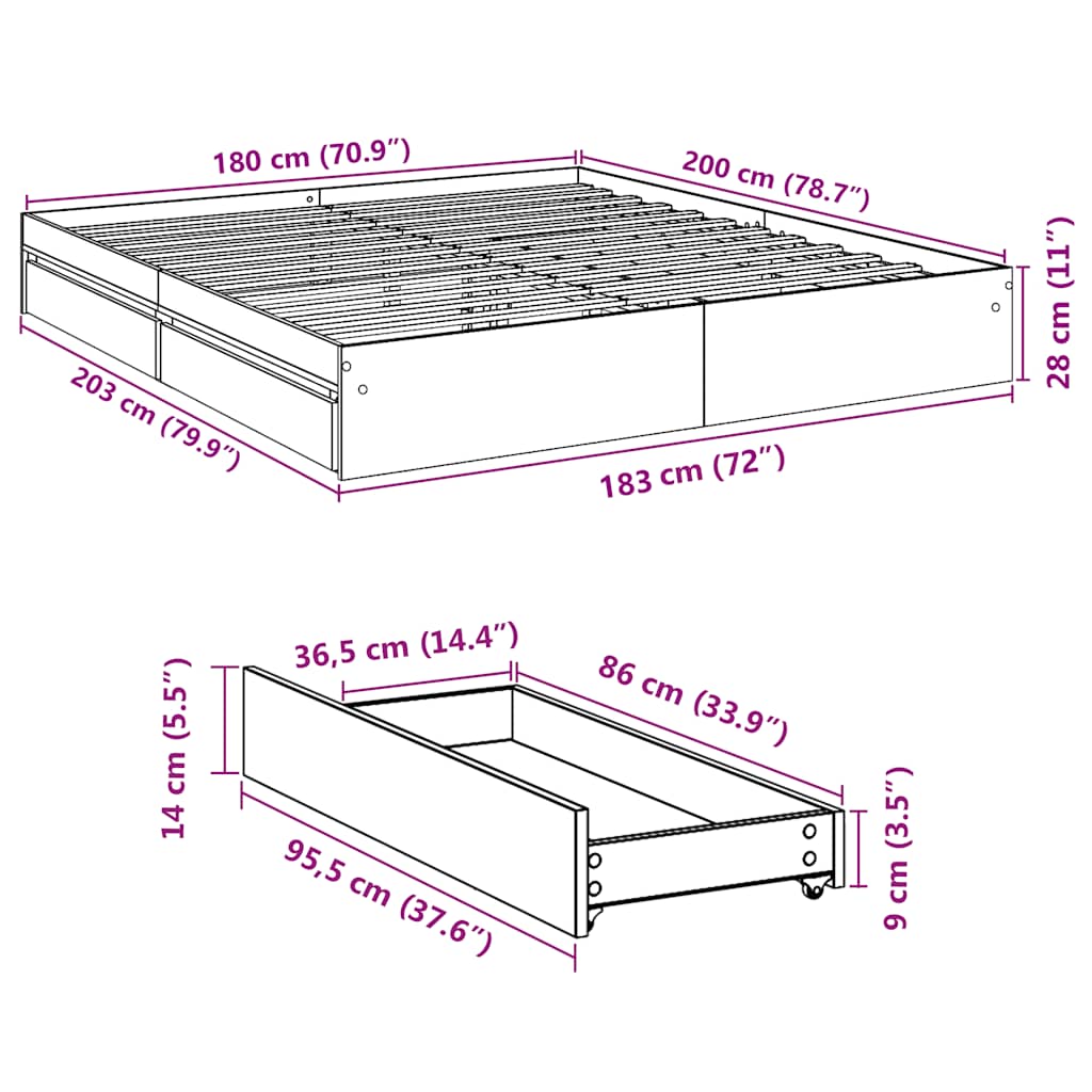 vidaXL Bed Frame with Drawers without Mattress White 180x200 cm Super King