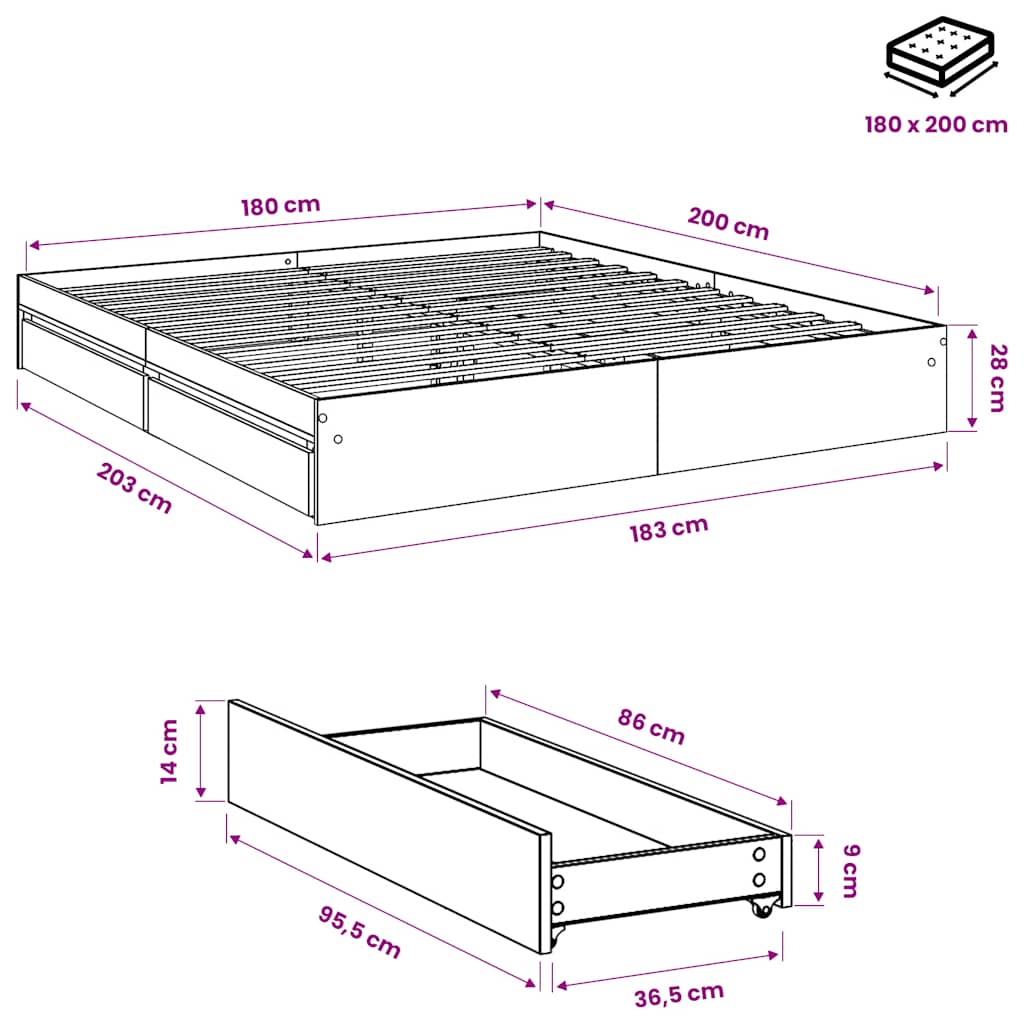vidaXL Bed Frame with Drawers without Mattress Grey Sonoma 180x200 cm
