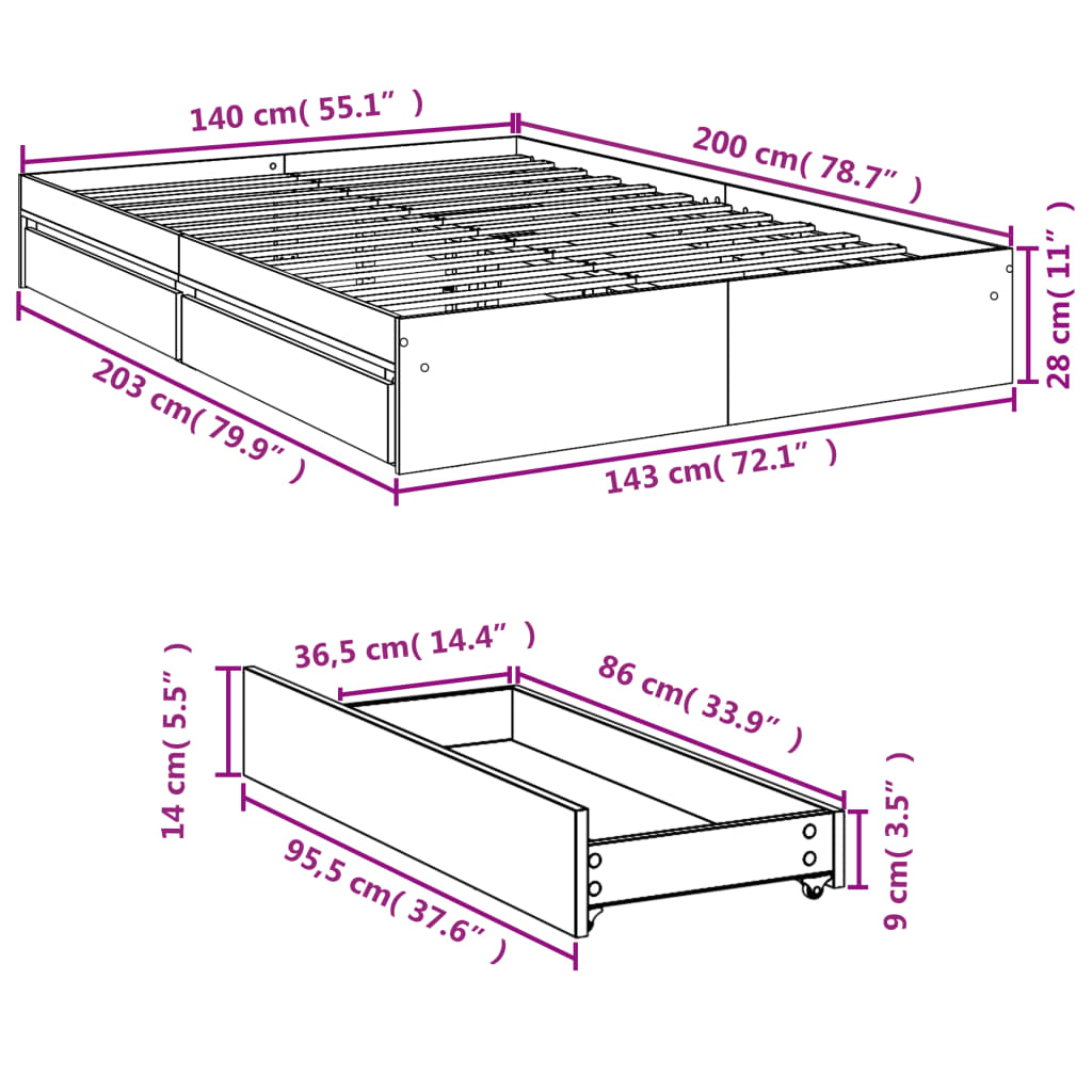 vidaXL Bed Frame with Drawers without Mattress White 140x200 cm