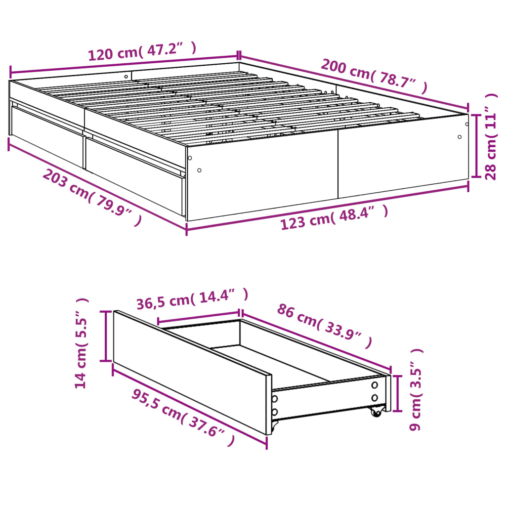 vidaXL Bed Frame with Drawers without Mattress Concrete Grey 120x200 cm