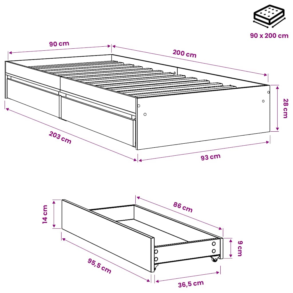 vidaXL Bed Frame with Drawers without Mattress Sonoma Oak 90x200 cm