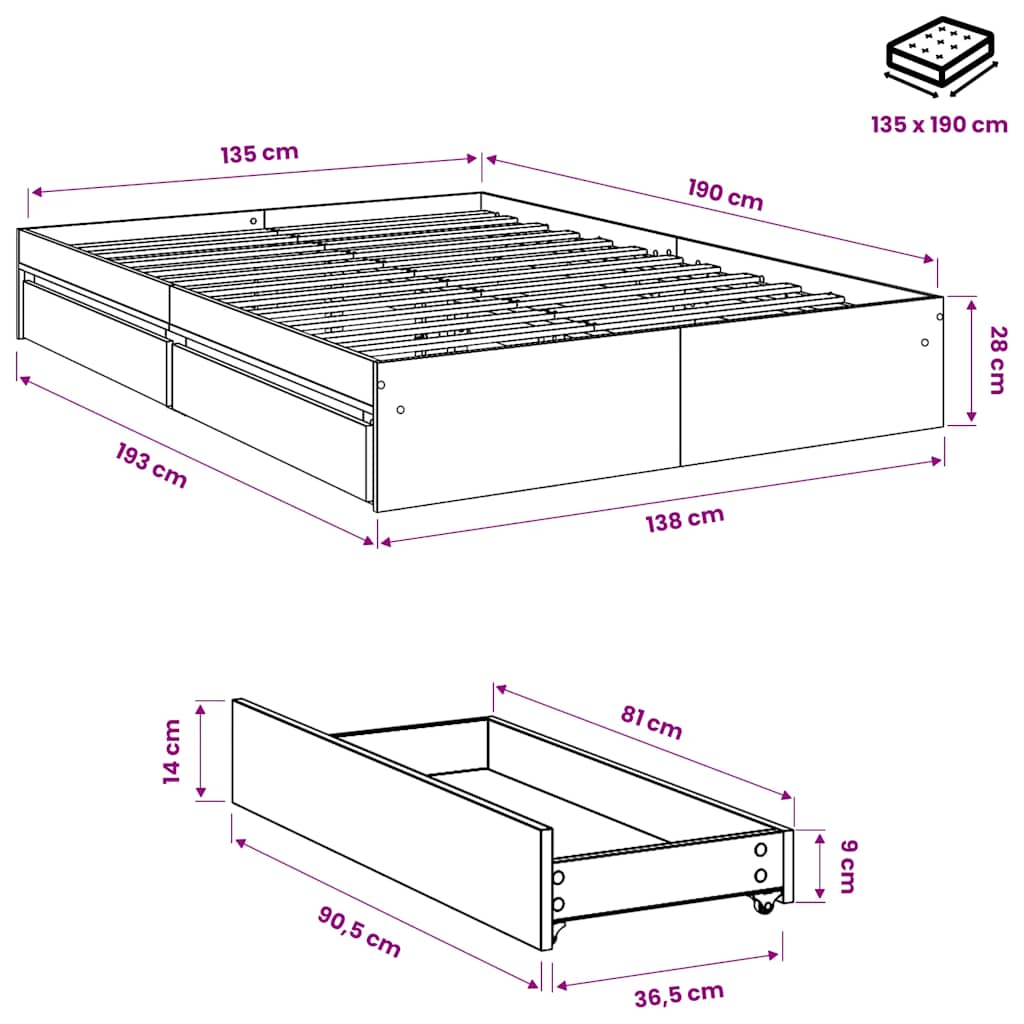 vidaXL Bed Frame with Drawers without Mattress White 135x190 cm