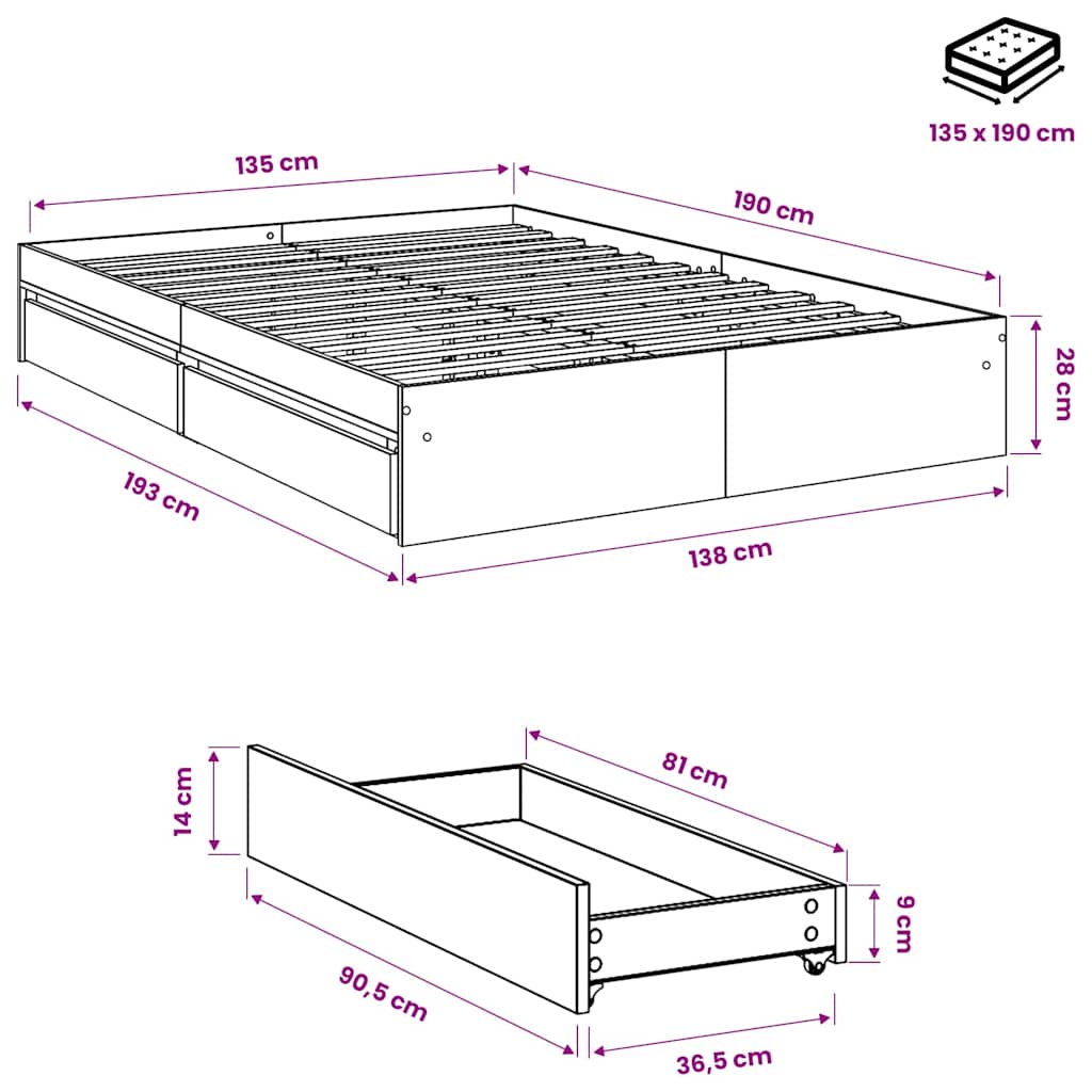 vidaXL Bed Frame with Drawers without Mattress Concrete Grey 135x190 cm