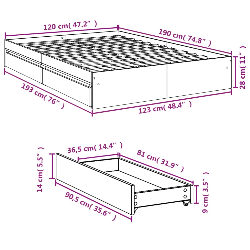 vidaXL Bed Frame with Drawers without Mattress Sonoma Oak 120x190 cm Small Double