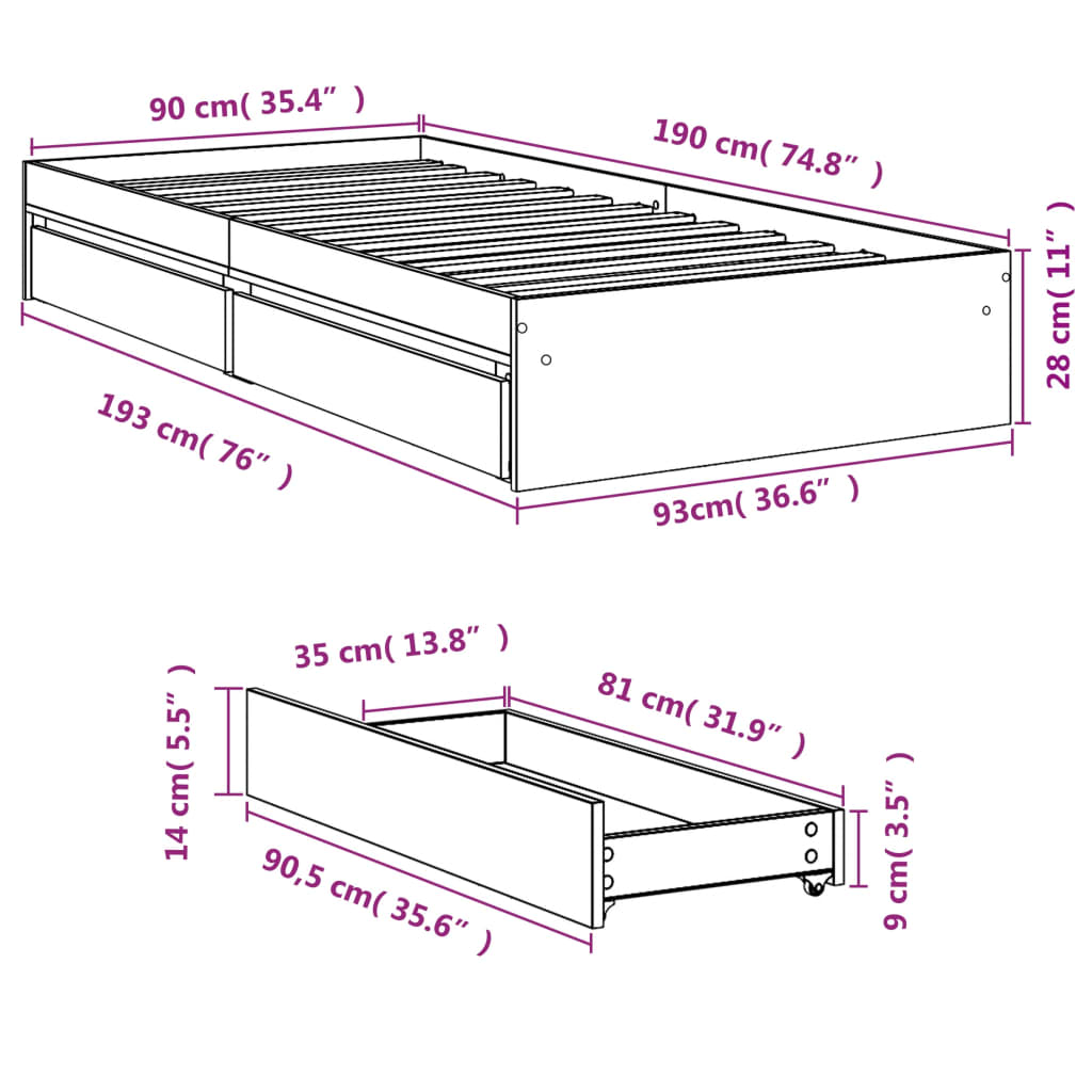 vidaXL Bed Frame with Drawers without Mattress White 90x190 cm Single