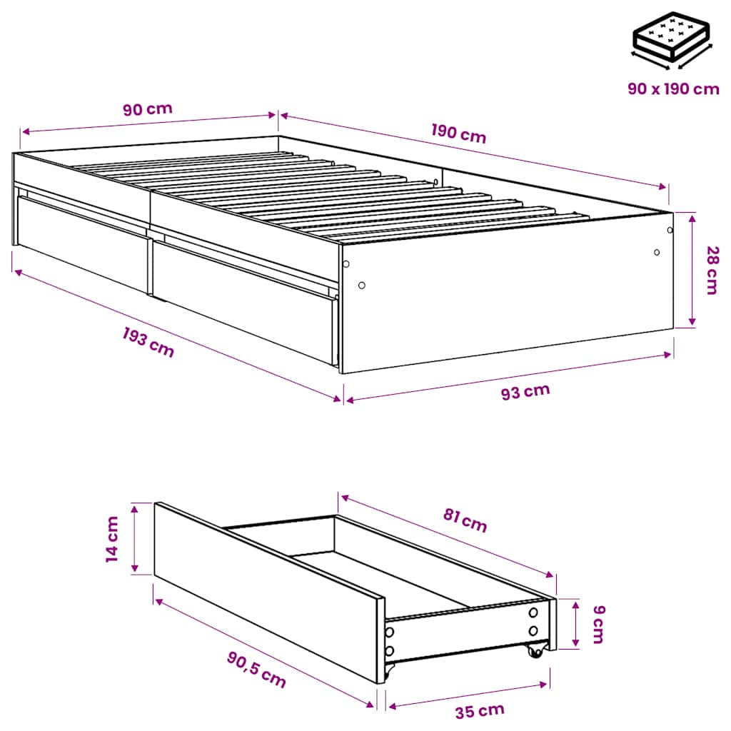 vidaXL Bed Frame with Drawers without Mattress White 90x190 cm