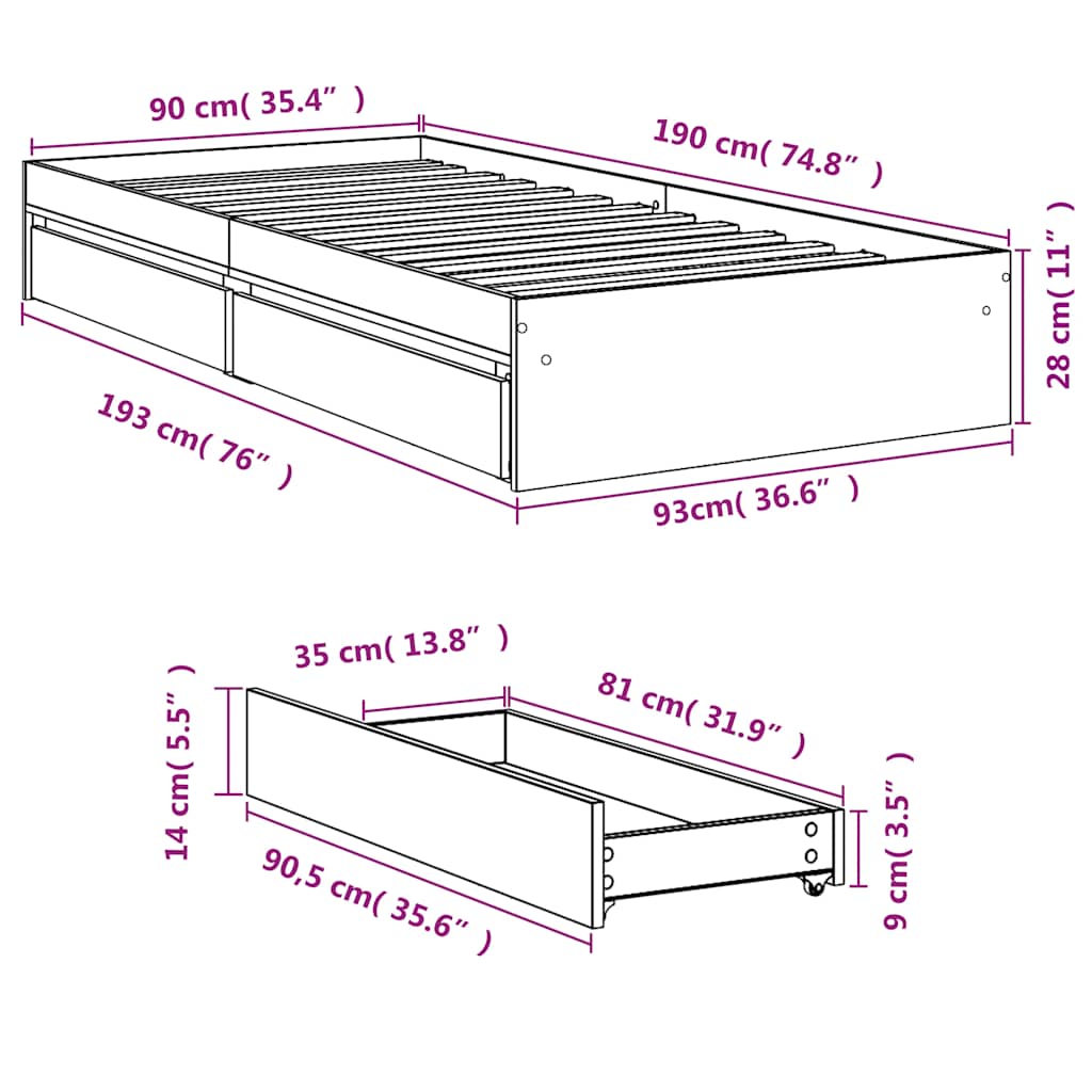vidaXL Bed Frame with Drawers without Mattress Smoked Oak 90x190 cm Single