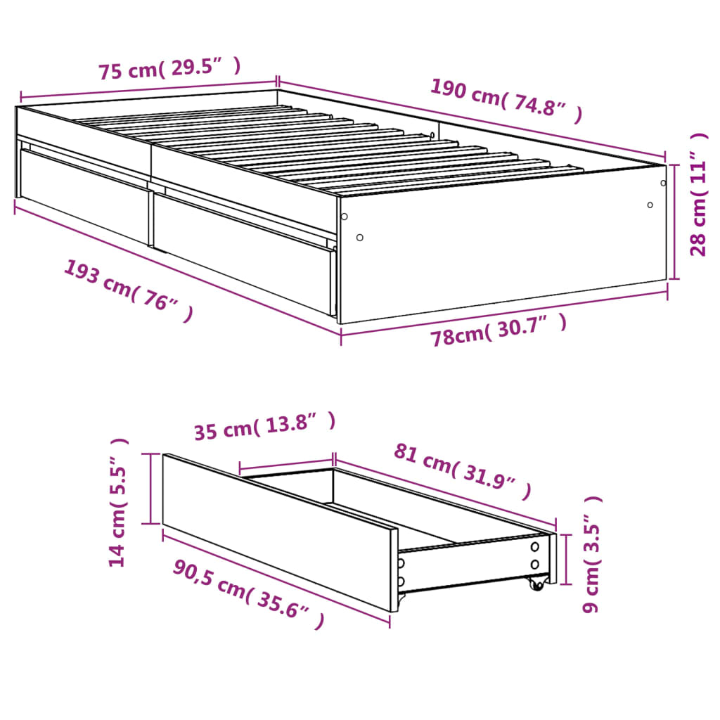 vidaXL Bed Frame with Drawers without Mattress White 75x190 cm Small Single