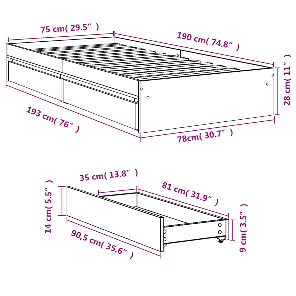vidaXL Bed Frame with Drawers without Mattress Black 75x190 cm Small Single