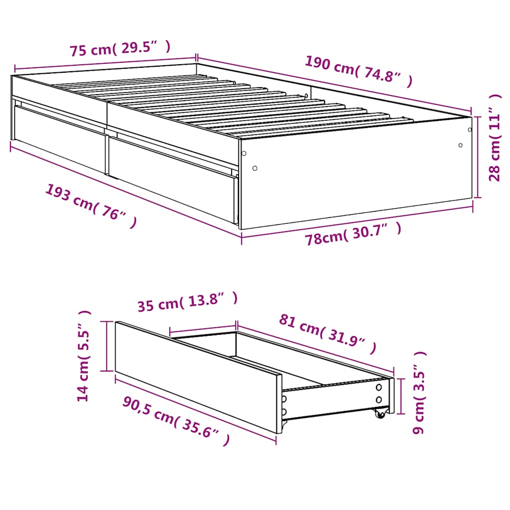vidaXL Bed Frame with Drawers without Mattress Sonoma Oak 75x190 cm Small Single