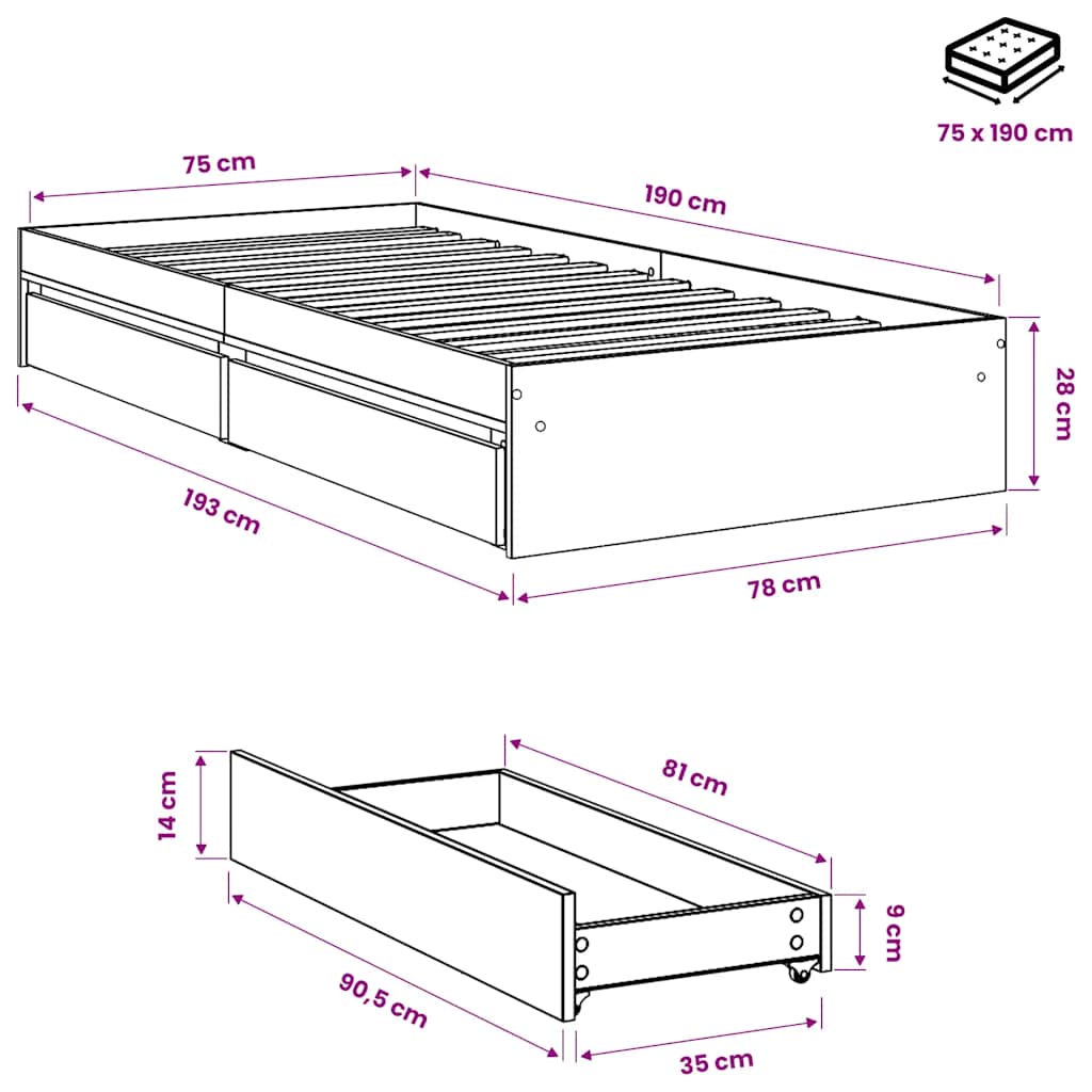 vidaXL Bed Frame with Drawers without Mattress Sonoma Oak 75x190 cm
