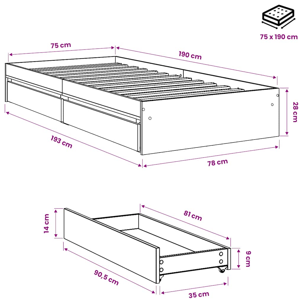 vidaXL Bed Frame with Drawers without Mattress Smoked Oak 75x190 cm