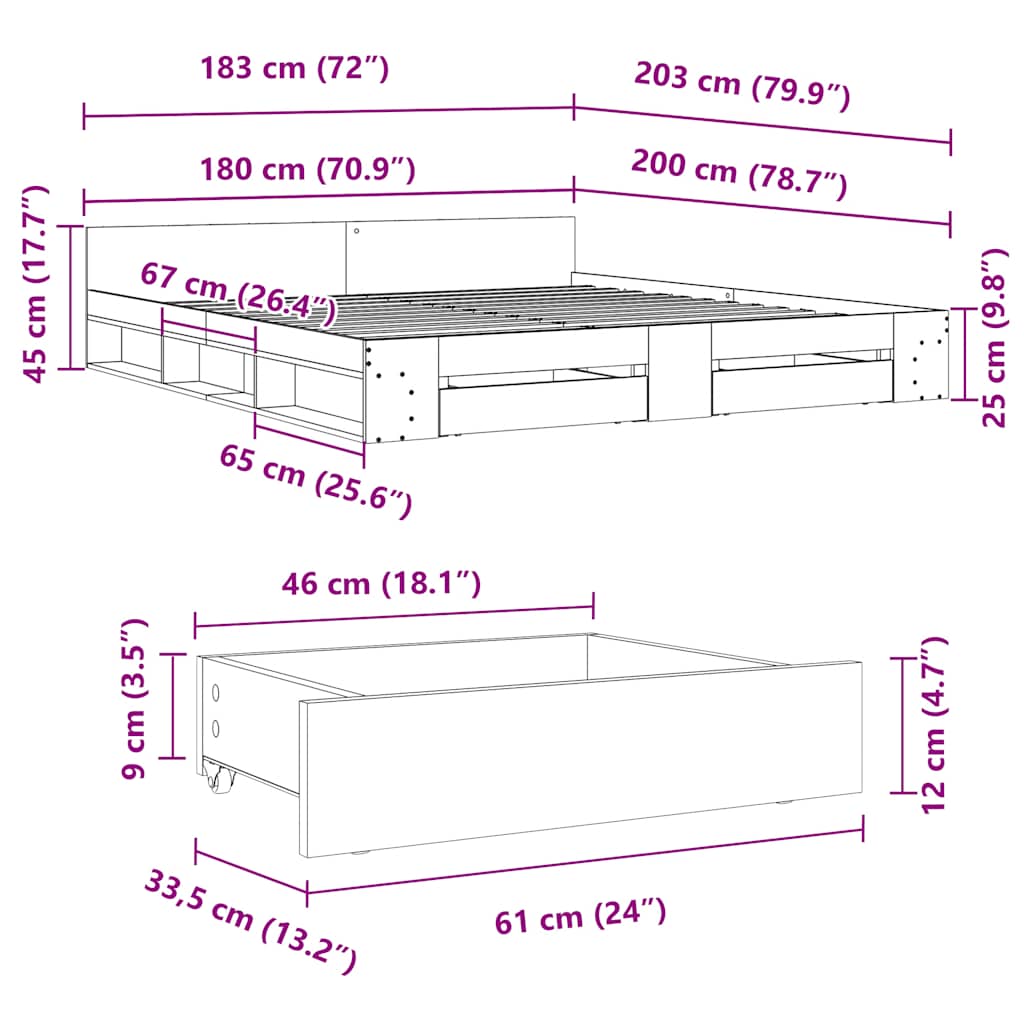 vidaXL Bed Frame with Drawers without Mattress Concrete Grey 180x200cm