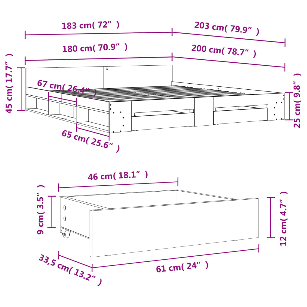 vidaXL Bed Frame with Drawers without Mattress Grey Sonoma 180x200 cm