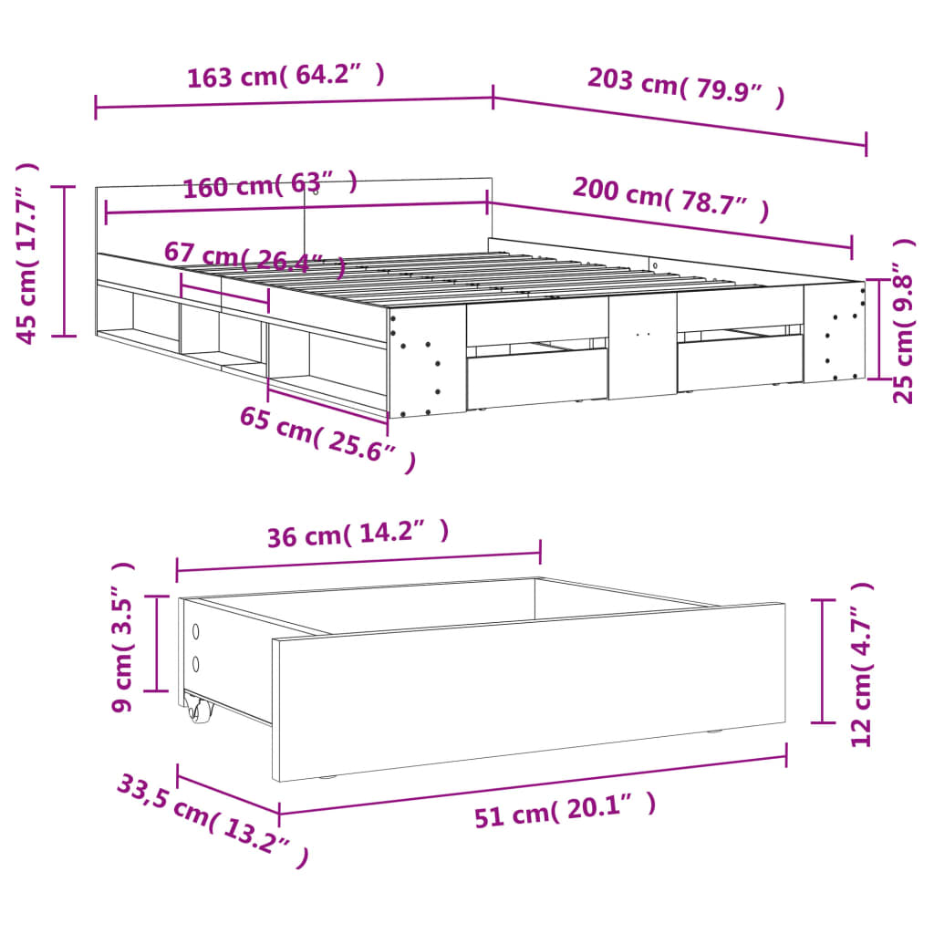 vidaXL Bed Frame with Drawers without Mattress Smoked Oak 160x200 cm