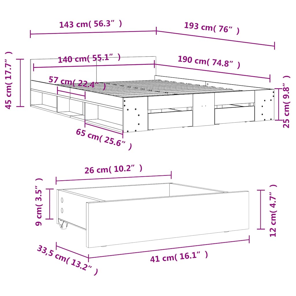 vidaXL Bed Frame with Drawers without Mattress Smoked Oak 140x190 cm