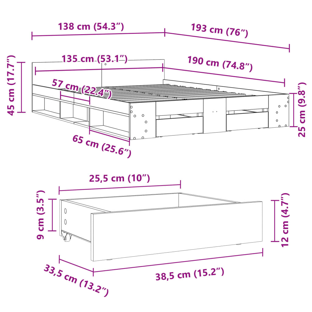 vidaXL Bed Frame with Drawers without Mattress Sonoma Oak 135x190 cm