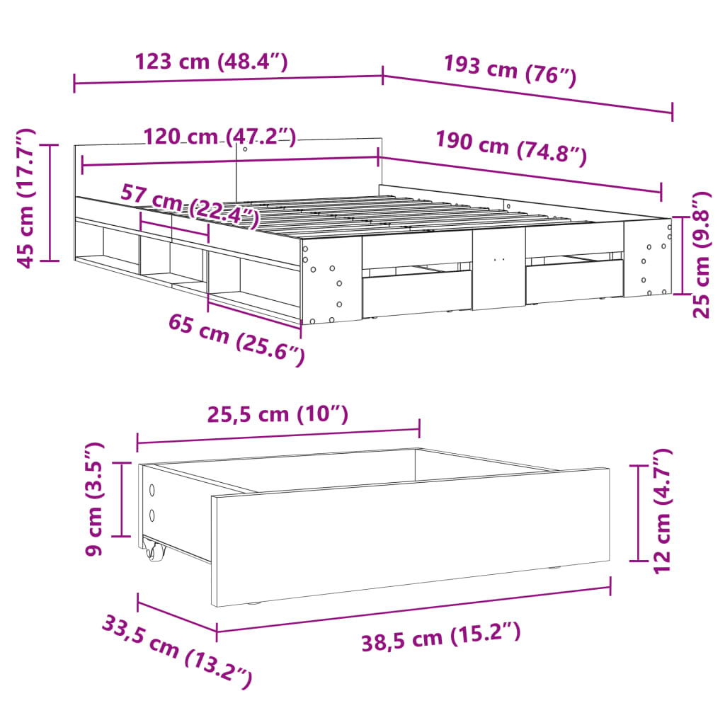 vidaXL Bed Frame with Drawers without Mattress White 120x190 cm Small Double