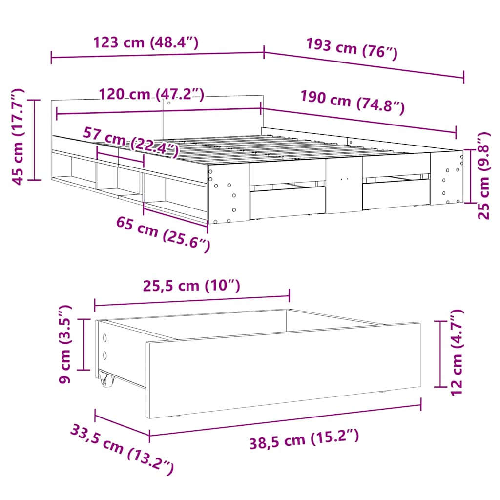 vidaXL Bed Frame with Drawers without Mattress Grey Sonoma 120x190 cm Small Double