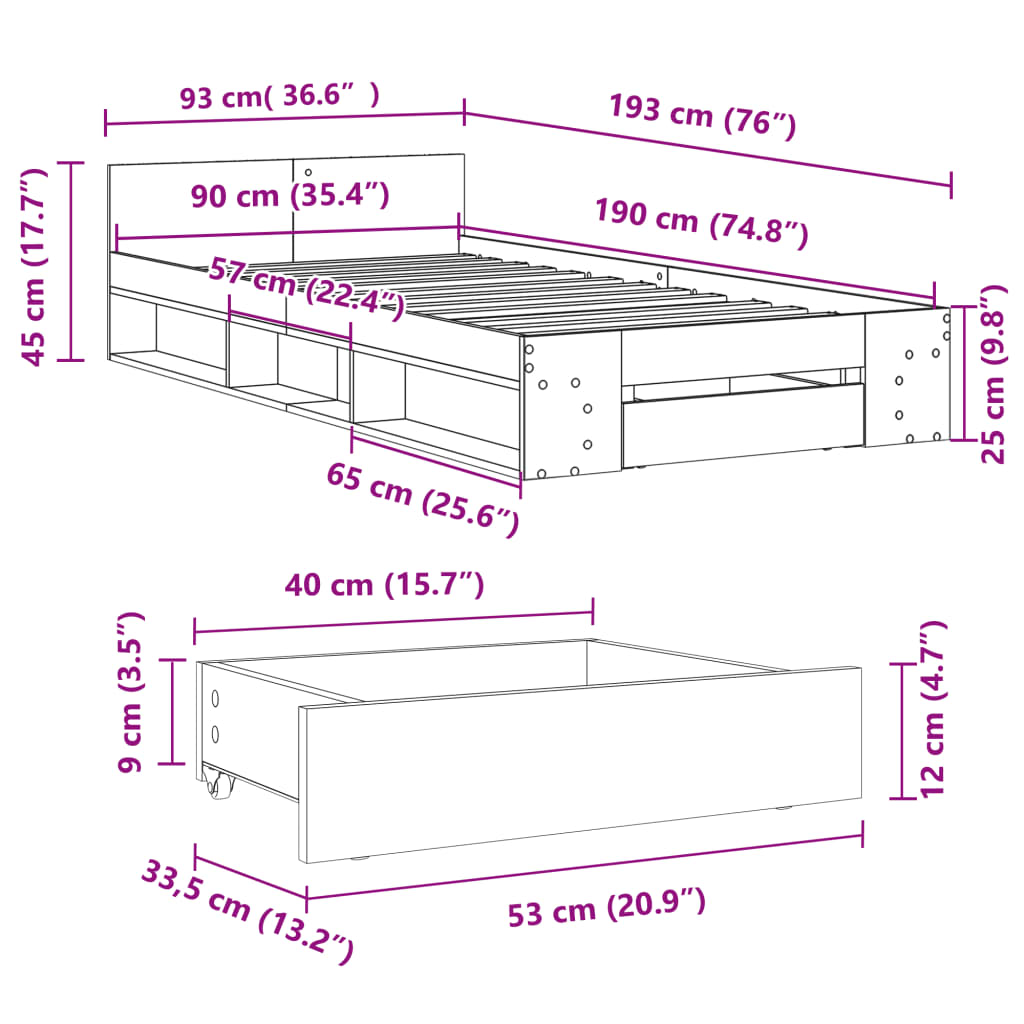vidaXL Bed Frame with Drawer without Mattress White 90x190 cm