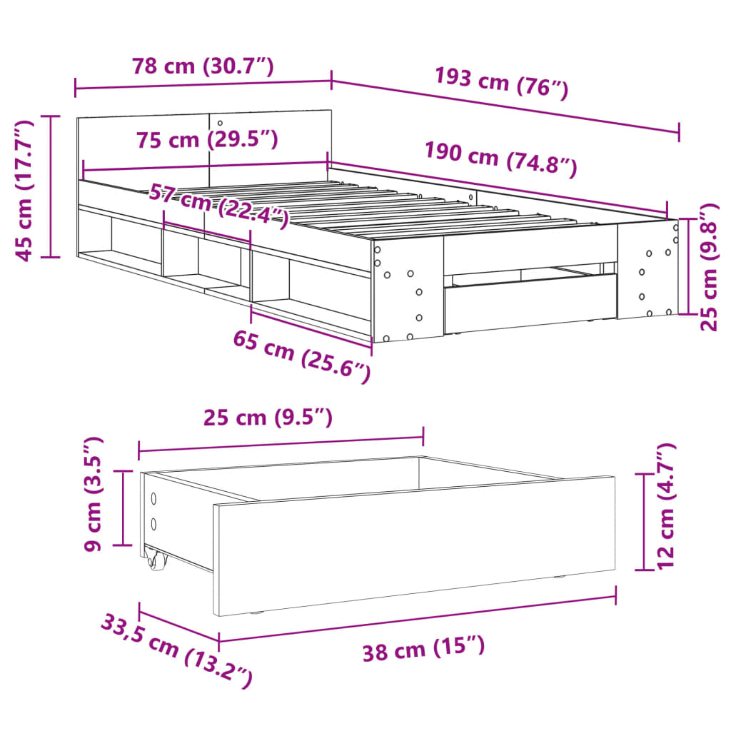 vidaXL Bed Frame with Drawer without Mattress Sonoma Oak 75x190 cm