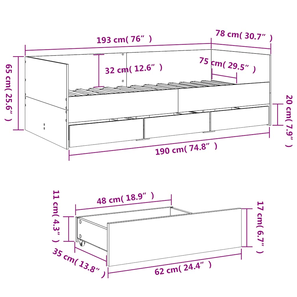 vidaXL Daybed with Drawers without Mattress White 75x190 cm Small Single