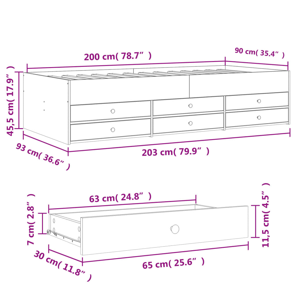 vidaXL Daybed with Drawers without Mattress Brown Oak 90x200 cm