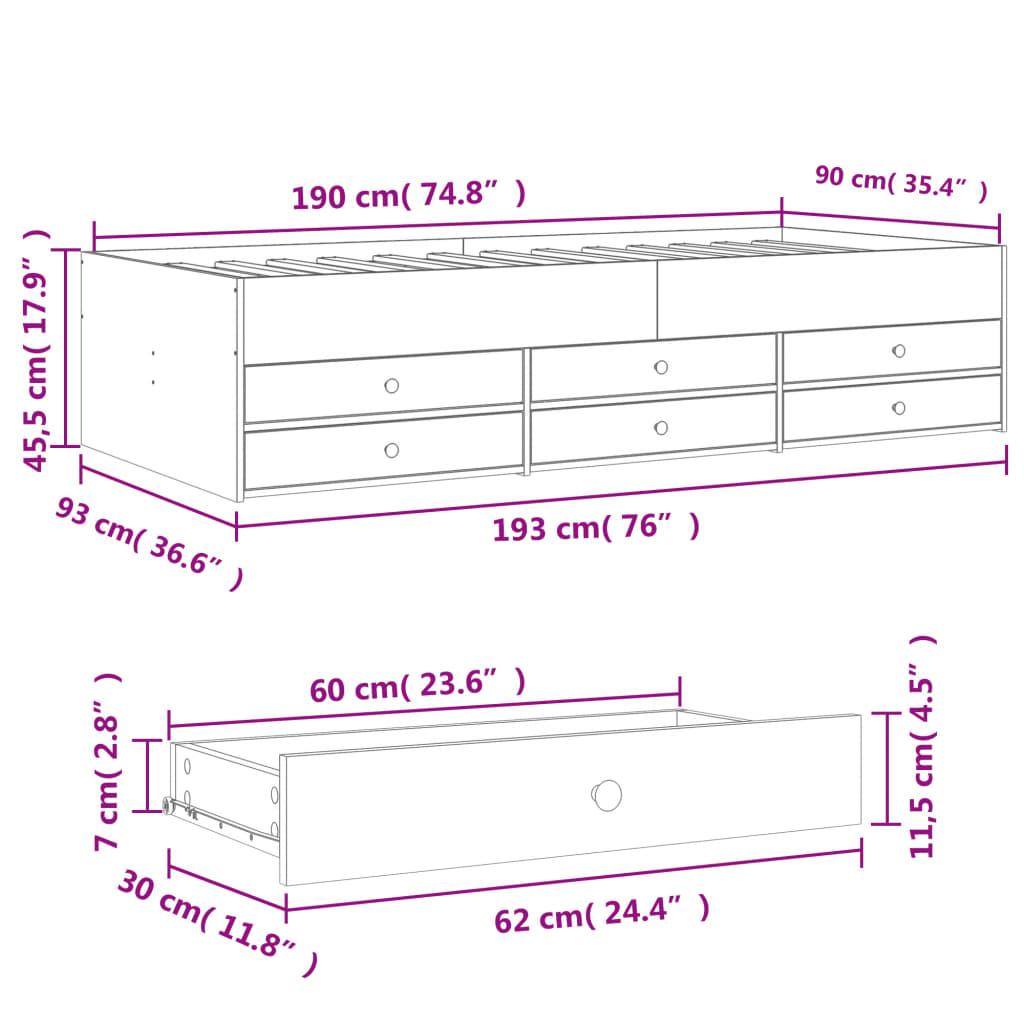 vidaXL Daybed with Drawers without Mattress Smoked Oak 90x190 cm