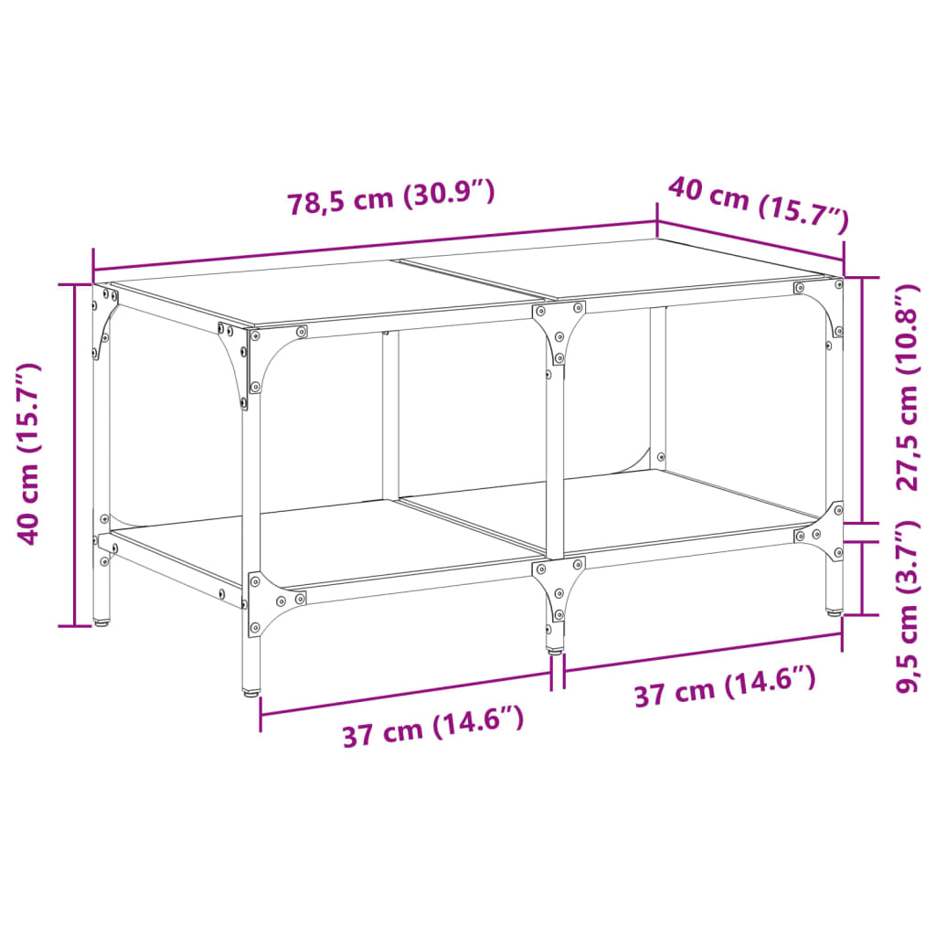 vidaXL Coffee Table with Black Glass Top 78.5x40x40 cm Steel