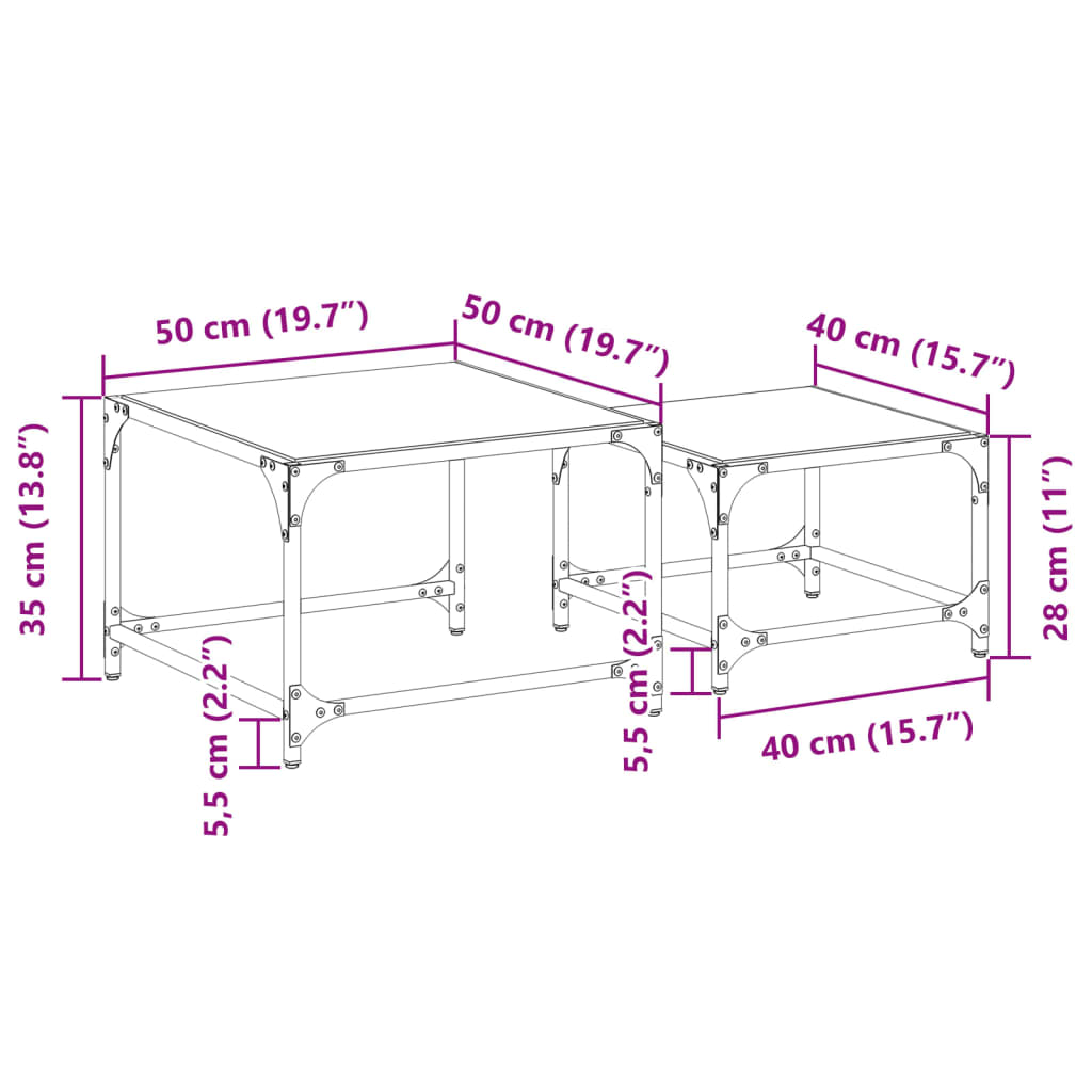 vidaXL Nesting Coffee Tables 2 pcs with Black Glass Top Steel