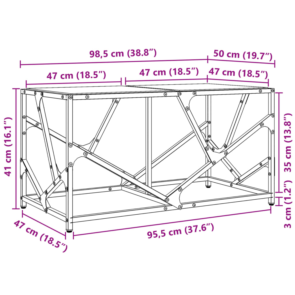 vidaXL Coffee Table with Transparent Glass Top 98.5x50x41 cm Steel
